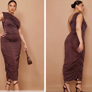 Chocolate Slinky Ruched One Shoulder dress